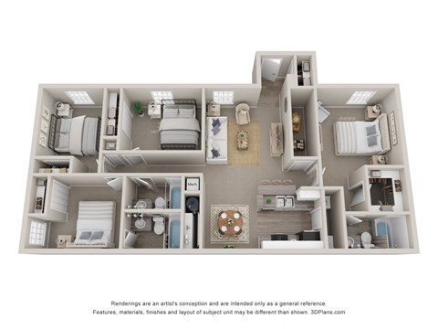 Floor plan for 4 beds, 3 baths, 1405 sqft